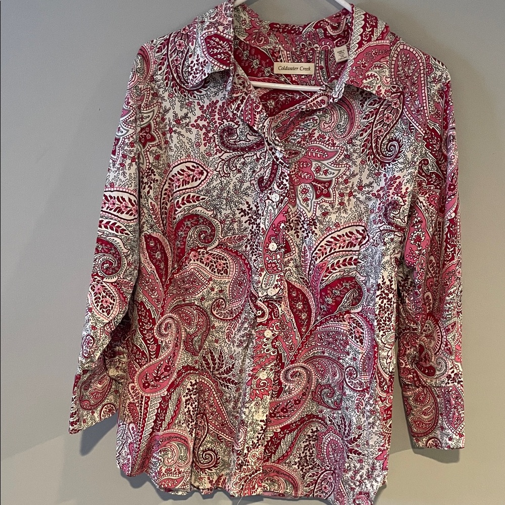 Coldwater Creek Women's Button-Down Shirt - Red and White Paisley